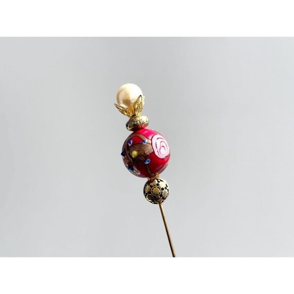 Murano Italian Made Glass Beaded Faux Pearl Crown Vintage Square Long Stick Pin - Picture 2 of 7